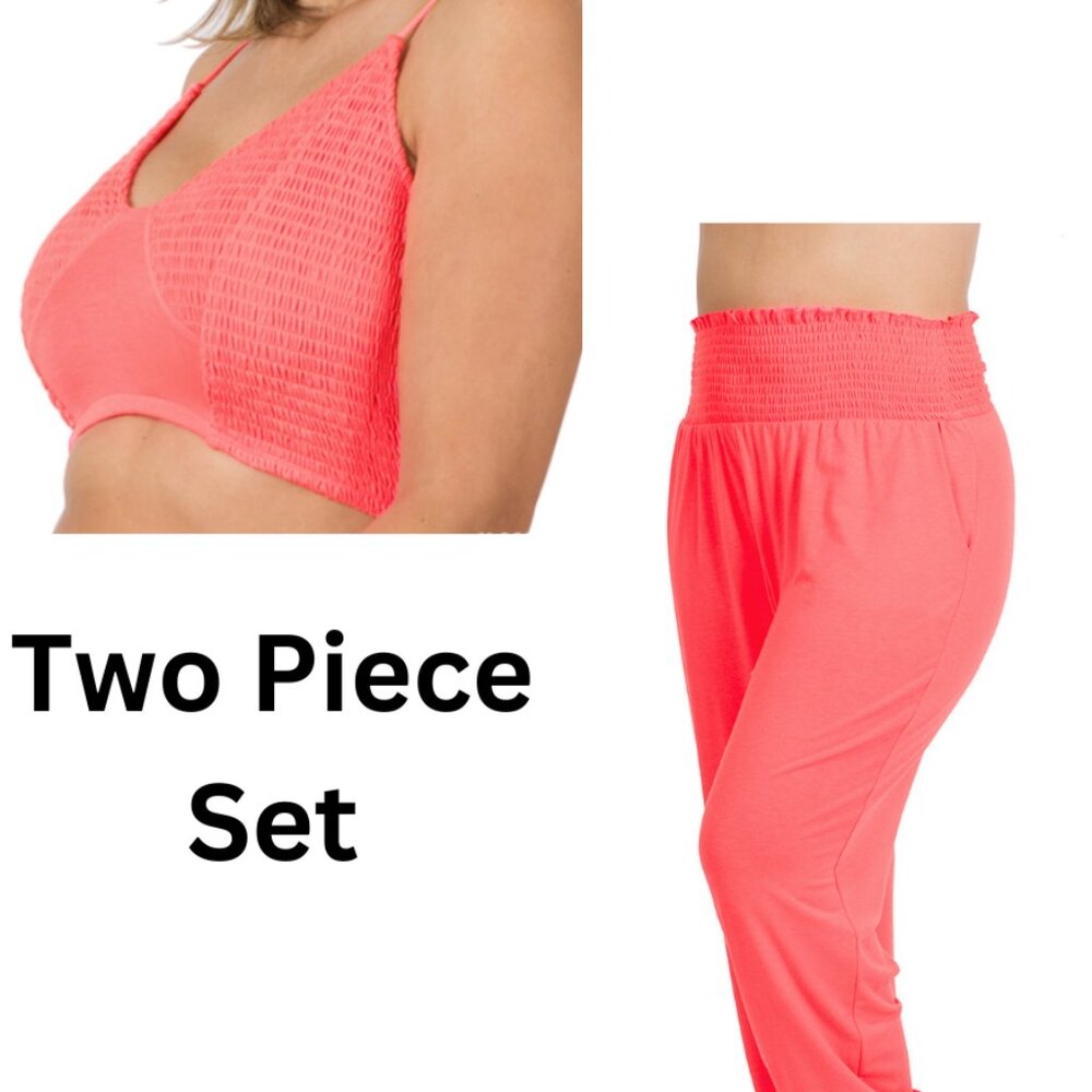 Zenana Plus Size Smocked Lounge Jogger Set – Neon Coral Pink